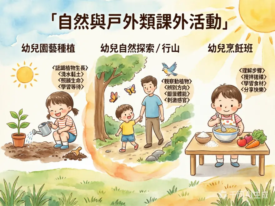 Q版幼兒三欄對比圖：左為幼兒園藝種植小白菜，中為自然探索摸沙拾葉，右為親子烹飪切蘋果，展示自然戶外活動對幼兒成長好處