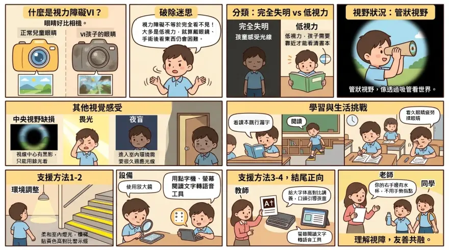 視障學生使用放大鏡及文字轉語音軟件學習，課堂提供大字體高對比教材