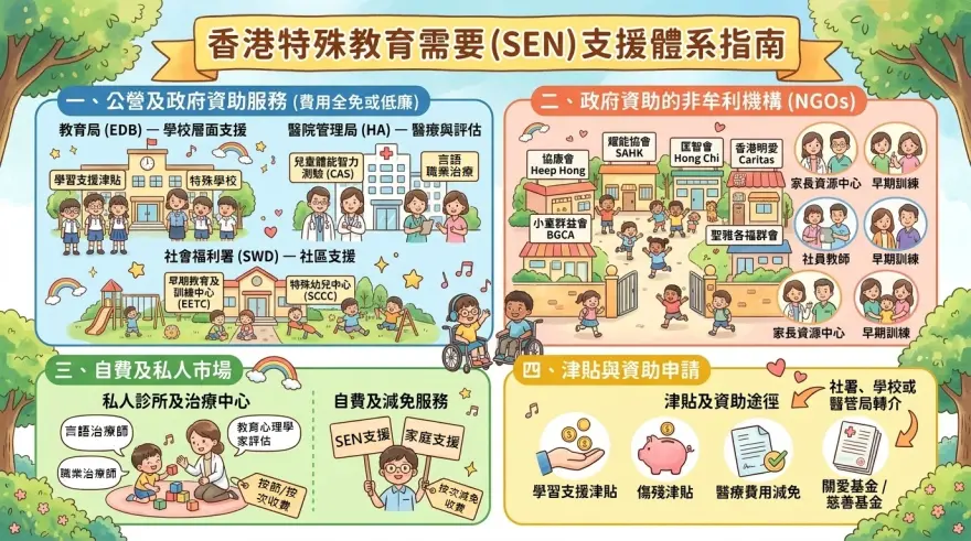 香港SEN支援資源圖表：教育局、社署、醫管局、協康會及非牟利機構服務