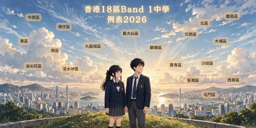 香港18區Band 1中學例表2026圖示，按校網列出各區中學及直資官立資助類別