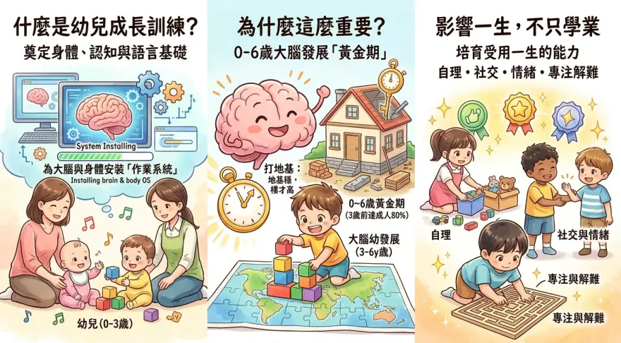 幼兒成長訓練五大範疇圖示：大肌肉、小肌肉、認知、語言、社交情緒及自理