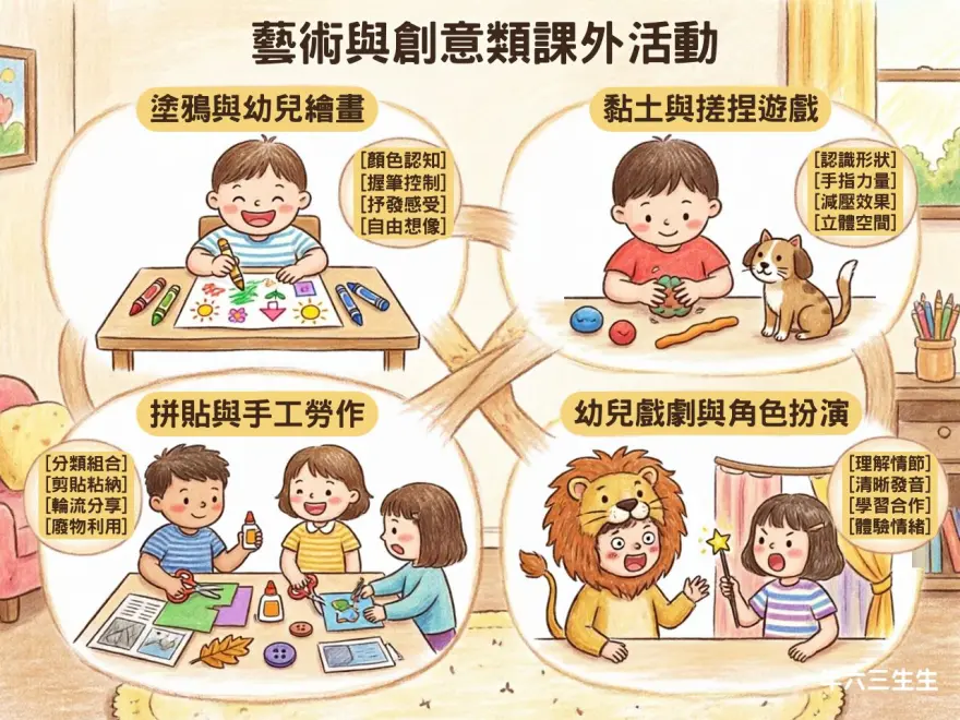 幼兒塗鴉繪畫、黏土搓捏、拼貼手工及戲劇角色扮演對兒童成長好處插圖