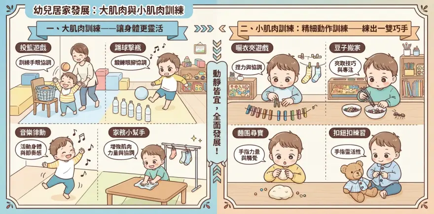家長與幼兒玩投籃及曬衣夾遊戲，訓練大肌肉與小肌肉協調能力