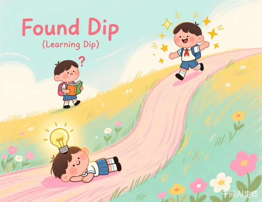 Learning Dip學習低谷解析插圖，展示學生經歷成績停滯與重新振作的過程