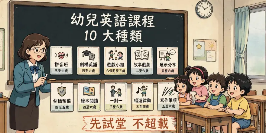 2026香港幼兒英語課程10大種類比較圖，展示Phonics、劍橋英語、Playgroup等課程圖示及適合年齡
