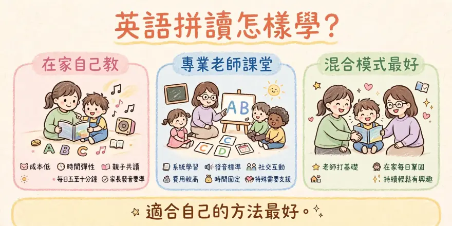 在家自己教Phonics與專業老師課堂比較插圖，展示家長與孩子共讀及老師小組教學情境