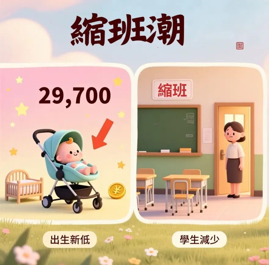香港出生人口減少與縮班潮分析插圖，展示學校合併、學生減少及政策應對情境