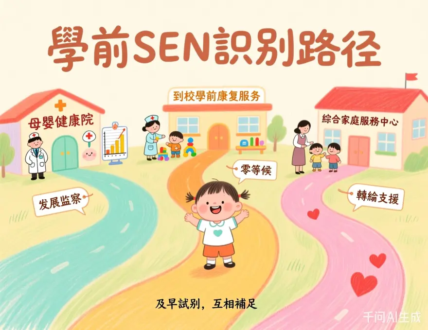 0-6歲學前SEN識別路徑完整指南插圖，展示母嬰健康院、到校學前康復服務及社區家庭支援網絡