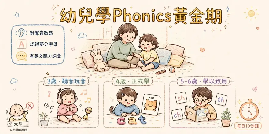 幼兒學Phonics黃金期插畫：家長與小朋友在家中用繪本、字母磁貼和遊戲學拼音，展示3歲聽音、4歲拼讀、5至6歲閱讀三個階段。