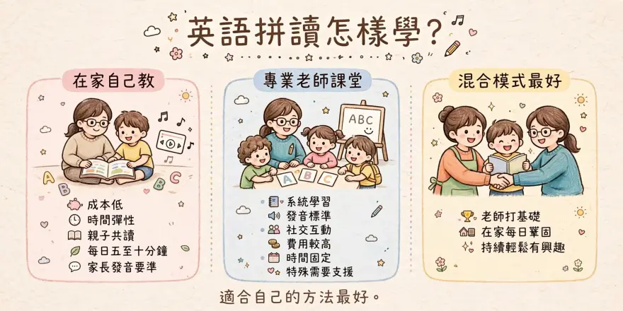 在家自己教Phonics與專業老師課堂比較插圖，展示家長與孩子共讀及老師小組教學情境