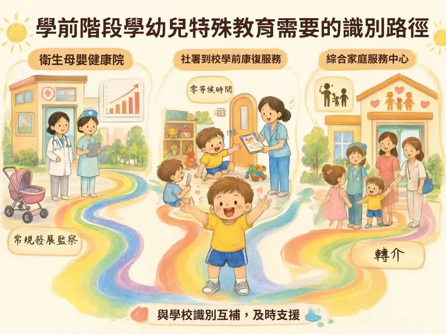 0-6歲學前SEN識別路徑完整指南插圖，展示母嬰健康院、到校學前康復服務及社區家庭支援網絡