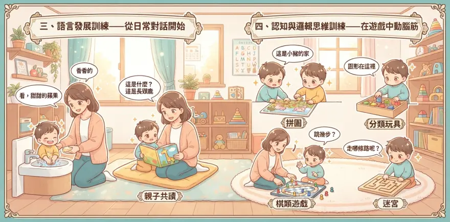 家長與幼兒進行親子共讀及拼圖遊戲，訓練語言發展、認知與邏輯思維