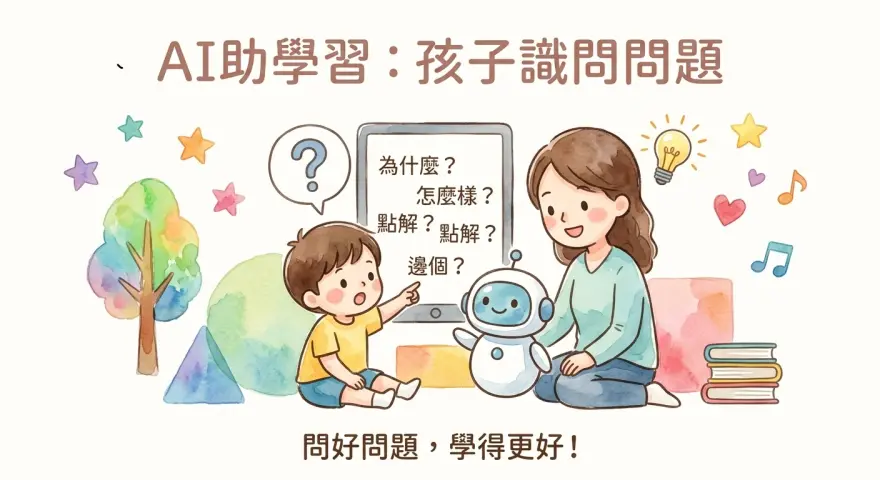 家長陪同幼兒使用AI工具學習並主動提問，旁邊標示香港優質補習社引導思考