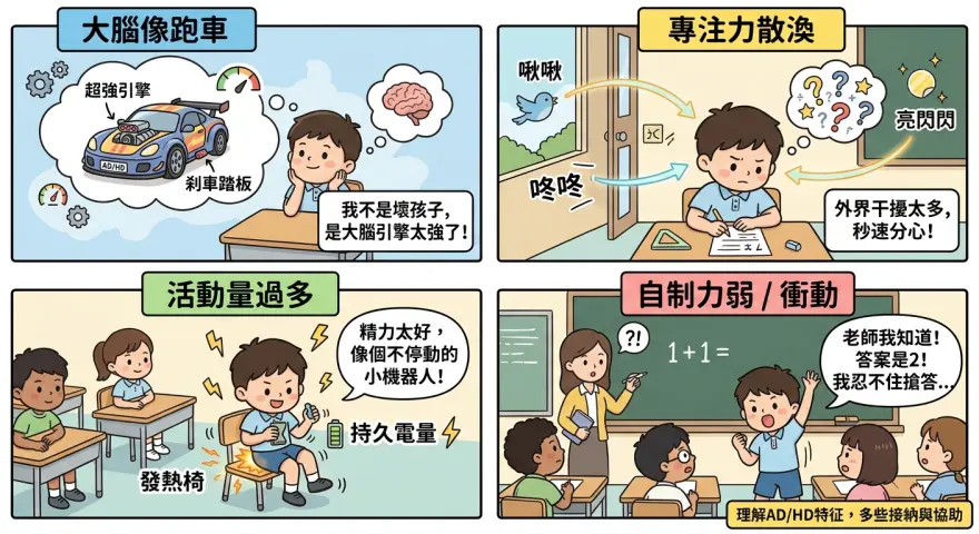 AD/HD跑車大腦比喻：專注力散渙、活動量過多、衝動三大核心特徵