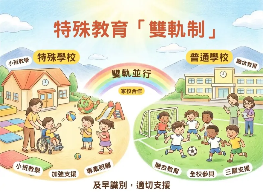 香港特殊教育雙軌制插圖，展示資助特殊學校與普通學校融合教育兩條路徑及支援網絡