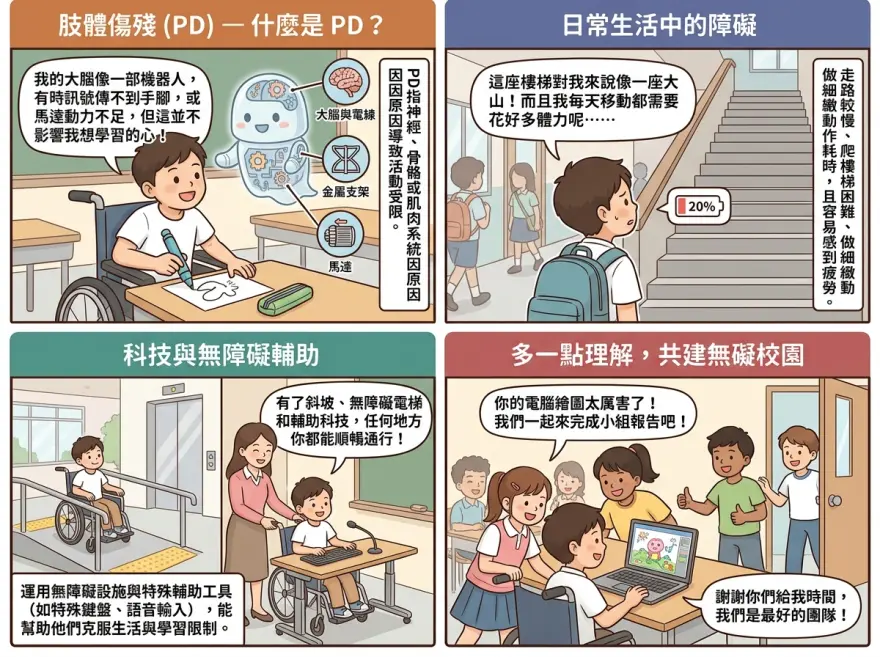 肢體傷殘學生使用輪椅及特殊握筆器上課，課室設有斜坡與寬敞通道